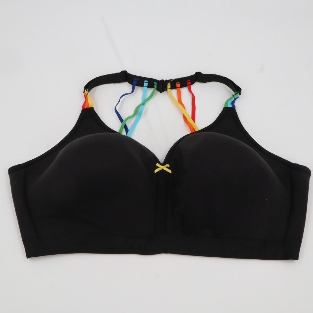 Cacique Wireless Bra Womens 46DDD Black Rainbow Strappy Racerback Bow Microfiber
